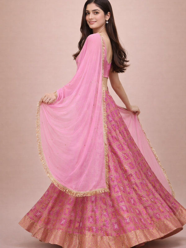 Pink Bandhani Lehenga Set with Blouse & Dupatta