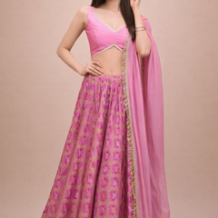 Pink Bandhani Lehenga Set with Blouse & Dupatta