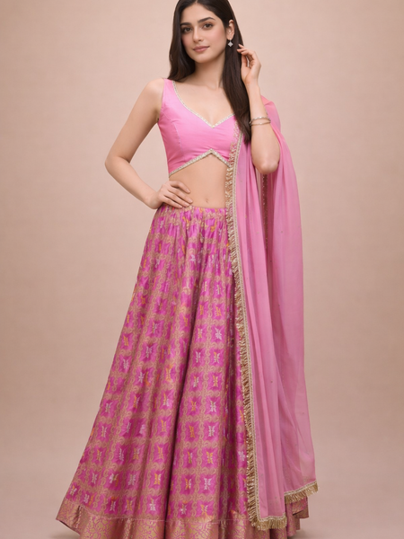 Pink Bandhani Lehenga Set with Blouse & Dupatta