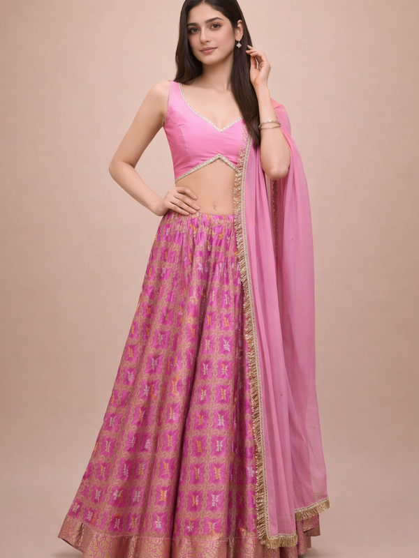 Pink Bandhani Lehenga Set with Blouse & Dupatta