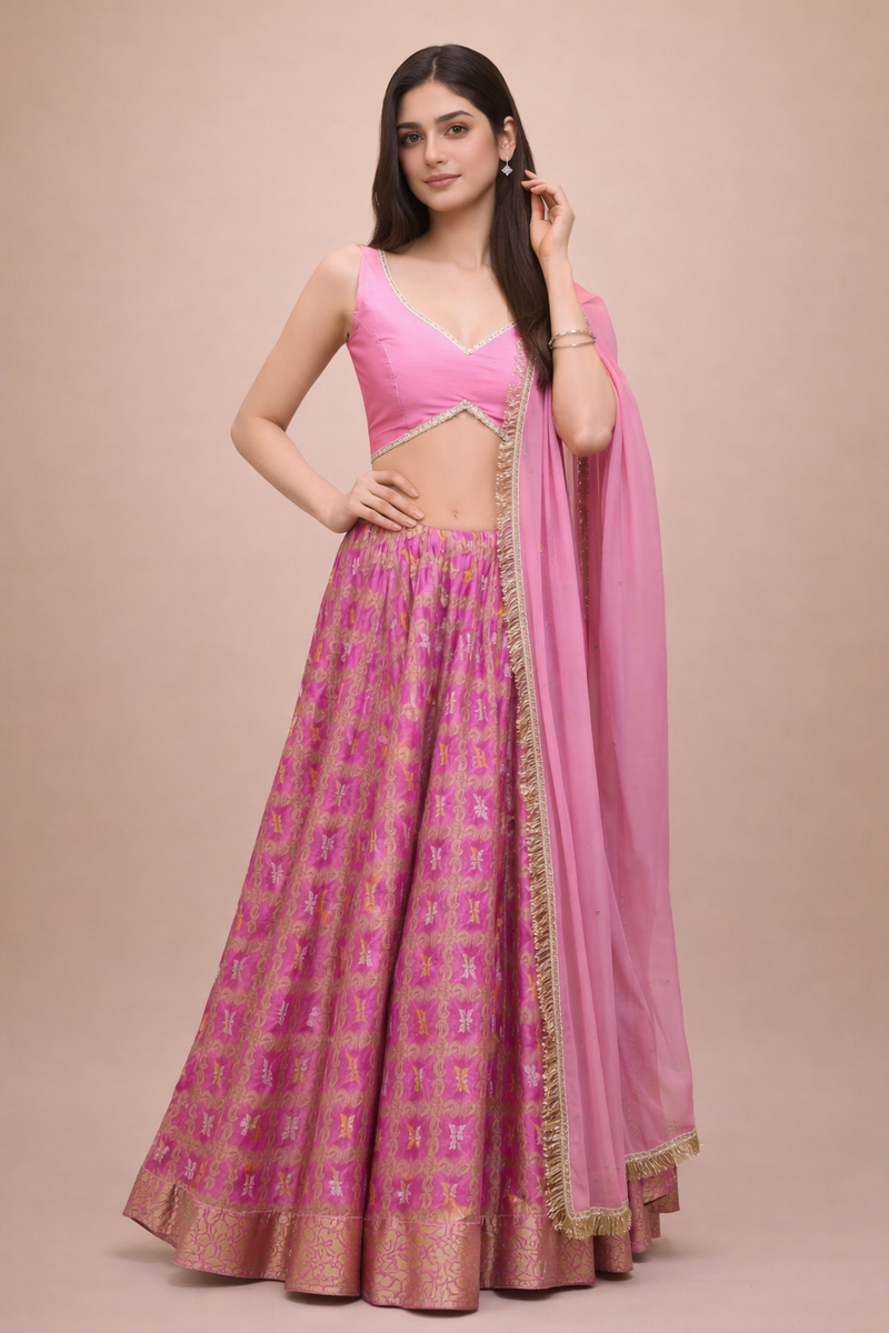 Pink Bandhani Lehenga Set with Blouse & Dupatta