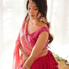 Rangpur Ruby Pink Cotton Silk Lehenga Set with Gota Work, Embroidered Blouse & Chiffon Dupatta