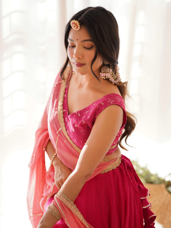 Rangpur Ruby Pink Cotton Silk Lehenga Set with Gota Work, Embroidered Blouse & Chiffon Dupatta