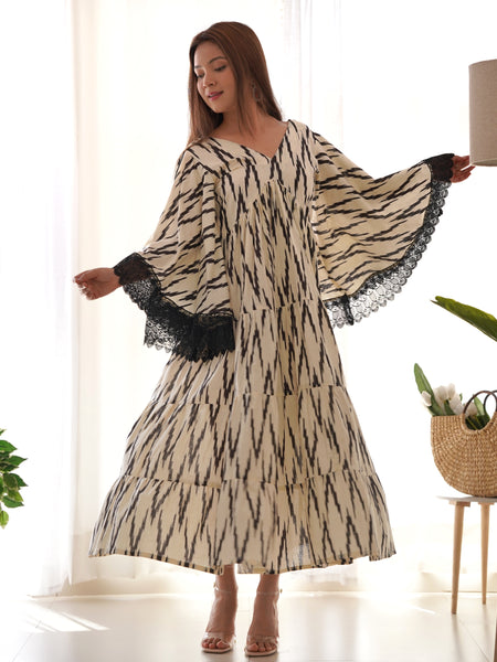 Ikat Print Cotton Tiered Flared Dress