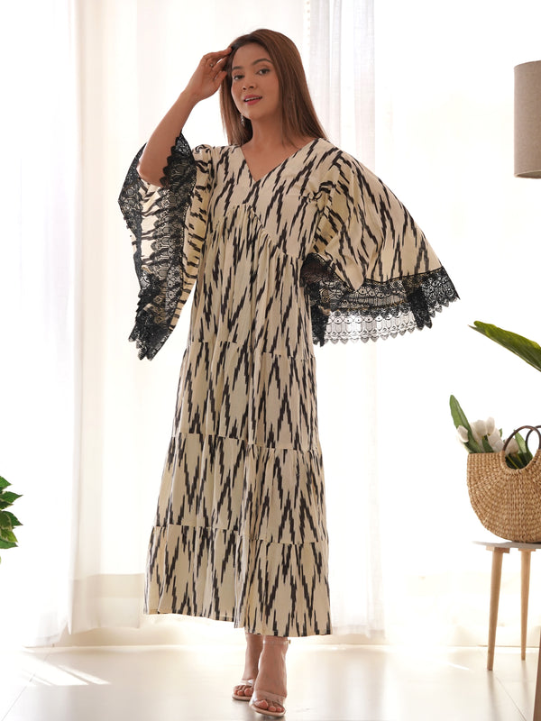 Ikat Print Cotton Tiered Flared Dress