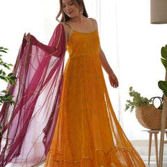 Yellow and wine anarkali set