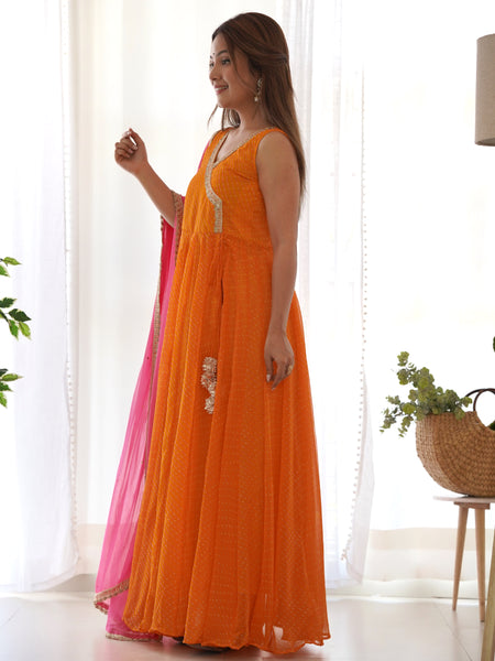 Leheriya Angrakha Anarkali Set with Gota Work
