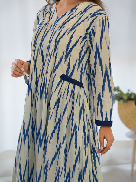 Rangpur White & Blue Ikat Cotton Kurta Palazzo Set