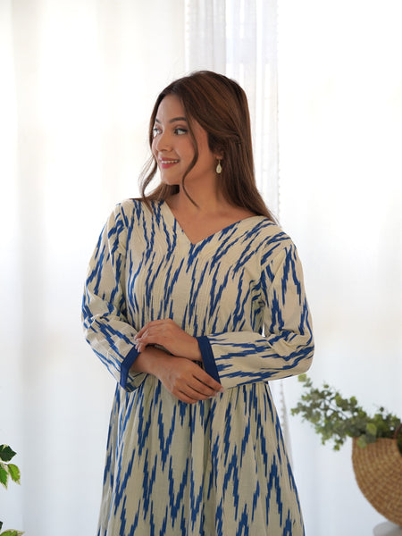 Rangpur White & Blue Ikat Cotton Kurta Palazzo Set
