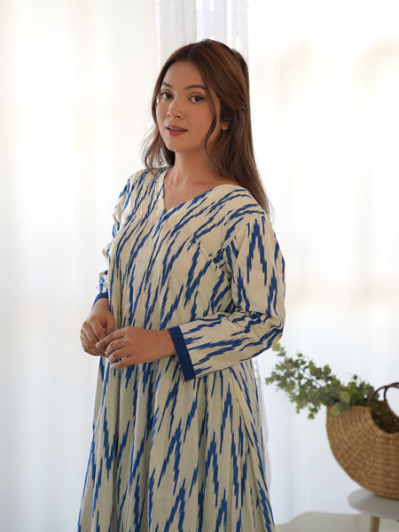 Rangpur White & Blue Ikat Cotton Kurta Palazzo Set