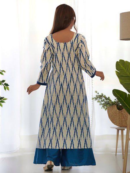 Rangpur White & Blue Ikat Cotton Kurta Palazzo Set