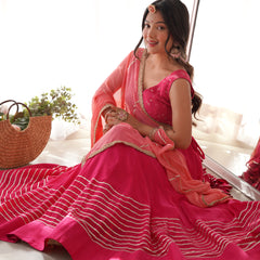Rangpur Ruby Pink Cotton Silk Lehenga Set with Gota Work, Embroidered Blouse & Chiffon Dupatta