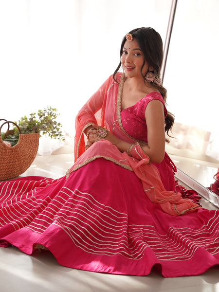 Rangpur Ruby Pink Cotton Silk Lehenga Set with Gota Work, Embroidered Blouse & Chiffon Dupatta