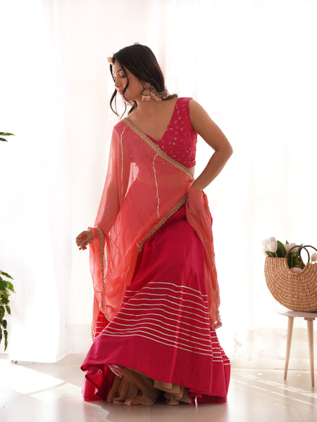 Rangpur Ruby Pink Cotton Silk Lehenga Set with Gota Work, Embroidered Blouse & Chiffon Dupatta