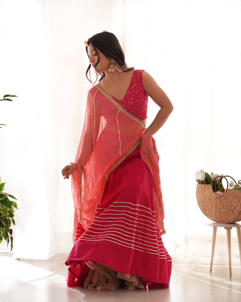 Rangpur Ruby Pink Cotton Silk Lehenga Set with Gota Work, Embroidered Blouse & Chiffon Dupatta