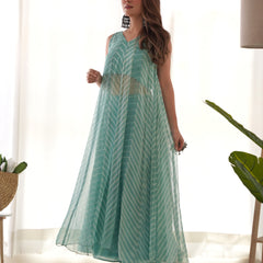 Fern Green Leheriya Chiffon Anarkali Set with Palazzo