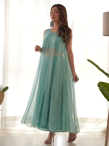 Fern Green Leheriya Chiffon Anarkali Set with Palazzo
