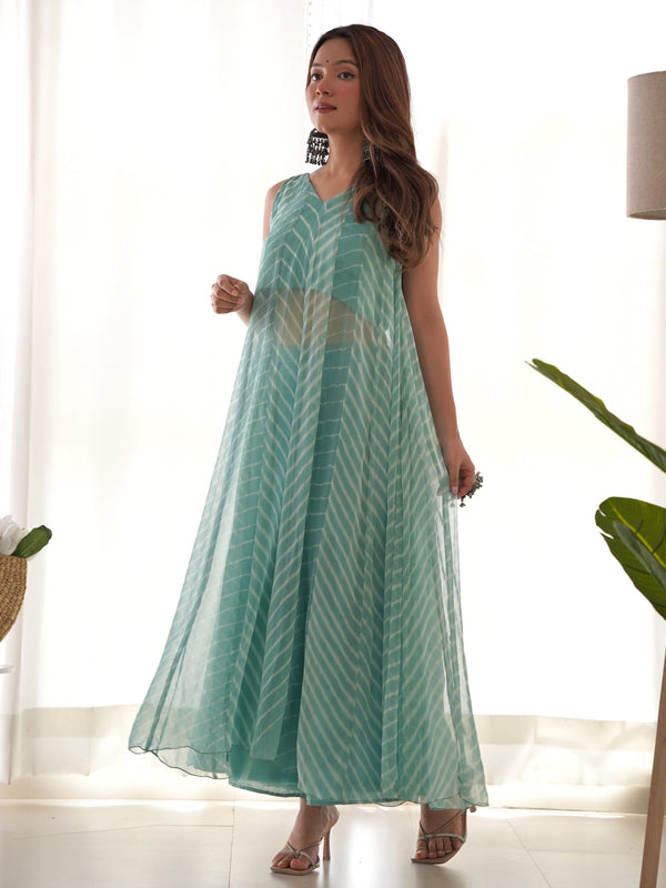 Fern Green Leheriya Chiffon Anarkali Set with Palazzo