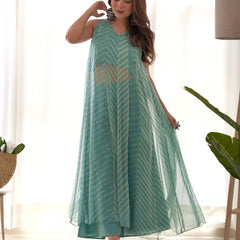 Fern Green Leheriya Chiffon Anarkali Set with Palazzo