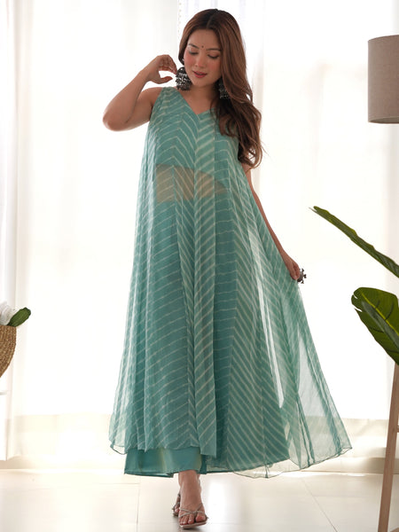 Fern Green Leheriya Chiffon Anarkali Set with Palazzo