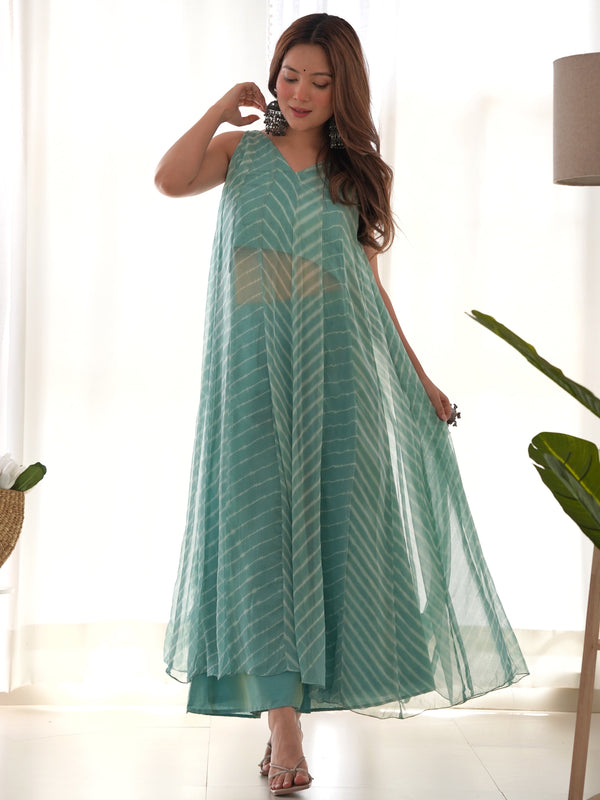 Fern Green Leheriya Chiffon Anarkali Set with Palazzo
