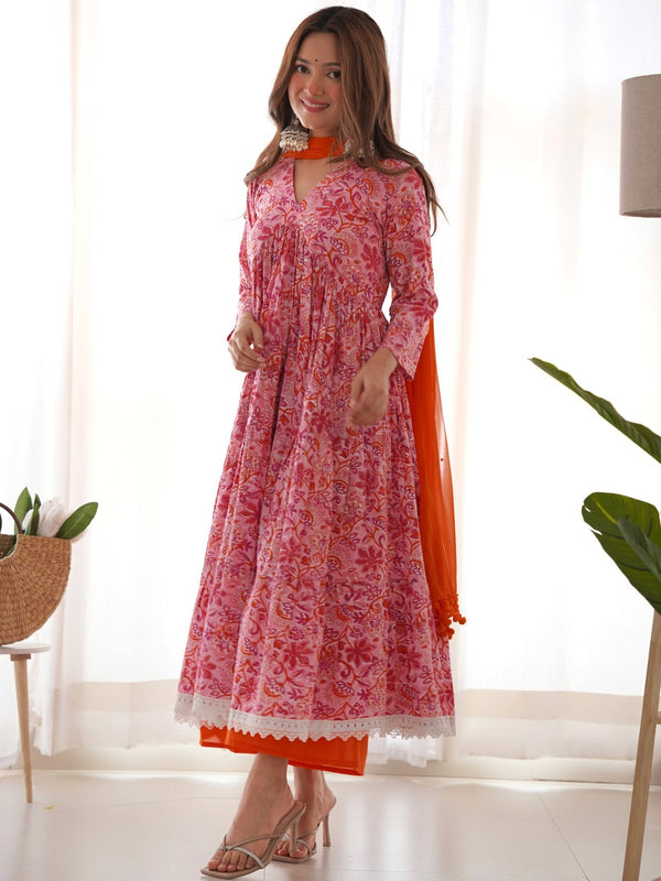 Pink orange floral anarkali set