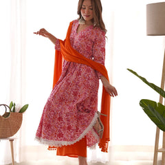 Pink orange floral anarkali set