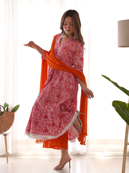 Pink orange floral anarkali set