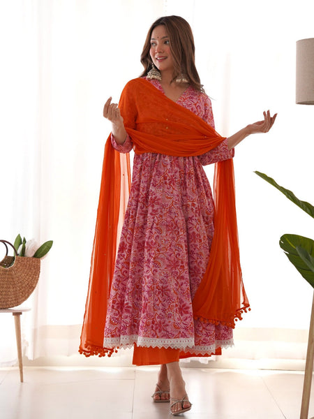Pink orange floral anarkali set
