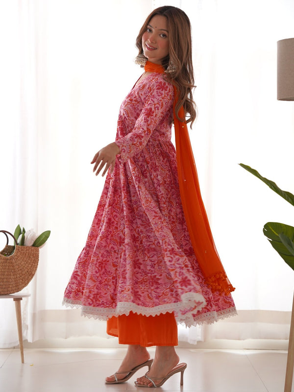 Pink orange floral anarkali set
