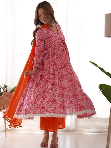 Pink orange floral anarkali set