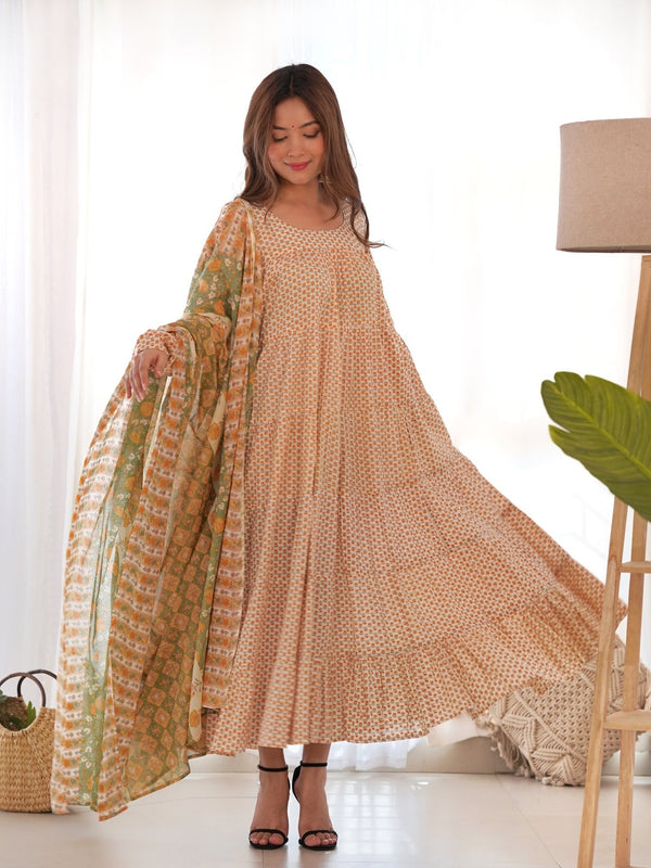 Creamy yellow tiered anarkali set