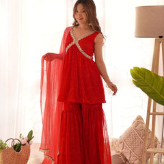 Red bandhani Peplum kurta sharara set