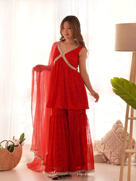 Red bandhani Peplum kurta sharara set