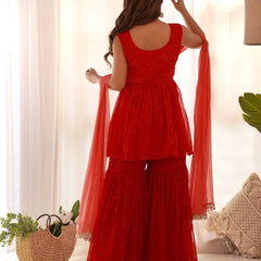 Red bandhani Peplum kurta sharara set