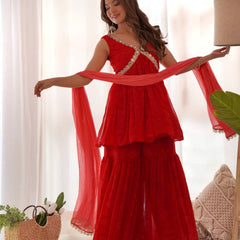 Red bandhani Peplum kurta sharara set