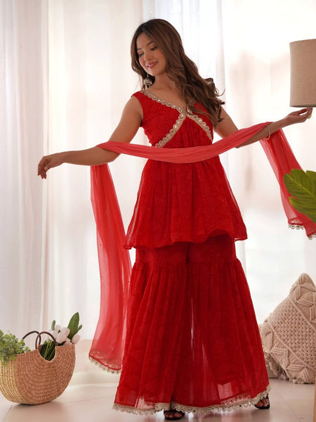 Red bandhani Peplum kurta sharara set