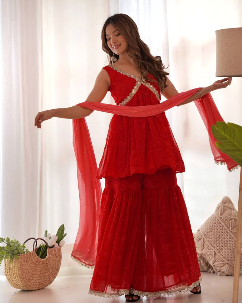 Red bandhani Peplum kurta sharara set