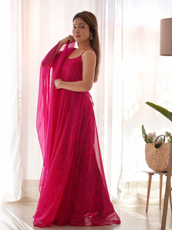 Magenta bandhani anarkali set (set of 2)
