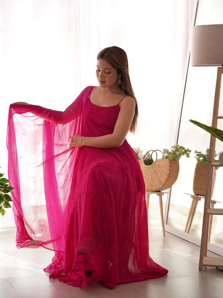Magenta bandhani anarkali set (set of 2)