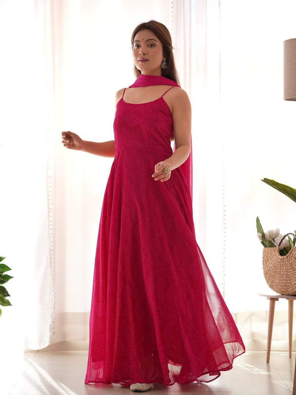 Magenta bandhani anarkali set (set of 2)