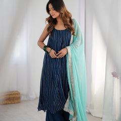 Navy Blue Georgette Striped Anarkali Palazzo Set