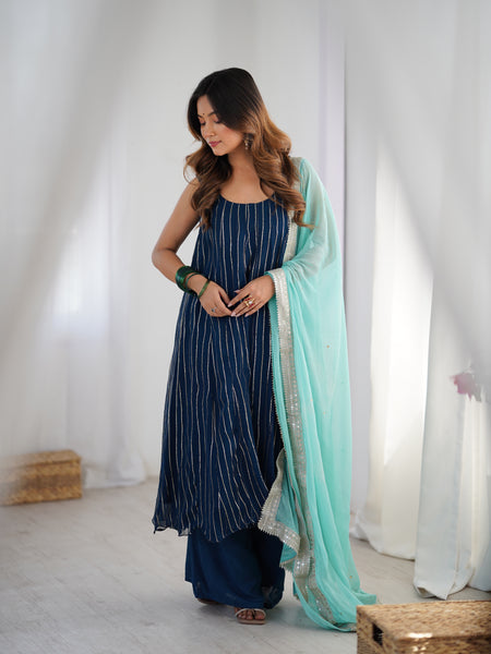 Navy Blue Georgette Striped Anarkali Palazzo Set