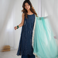 Navy Blue Georgette Striped Anarkali Palazzo Set