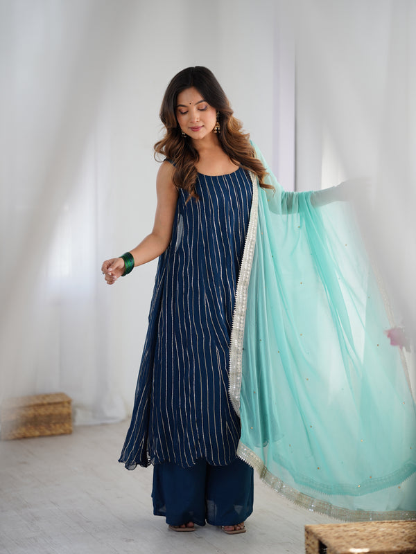Navy Blue Georgette Striped Anarkali Palazzo Set
