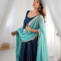 Navy Blue Georgette Striped Anarkali Palazzo Set