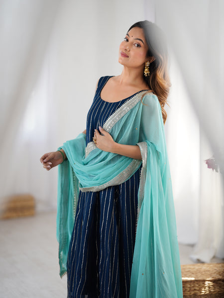 Navy Blue Georgette Striped Anarkali Palazzo Set
