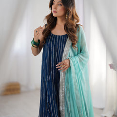 Navy Blue Georgette Striped Anarkali Palazzo Set