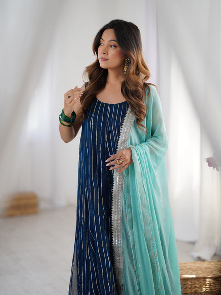Navy Blue Georgette Striped Anarkali Palazzo Set