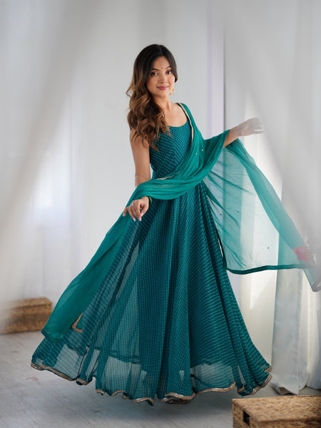 Pine Green Leheriya Anarkali Set with Dupatta